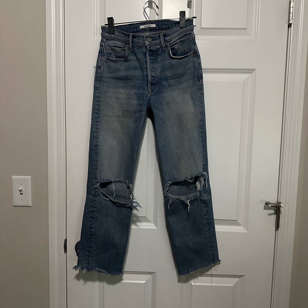 GRLFRND Helena Distressed Knee High Waisted Straight Leg Jeans